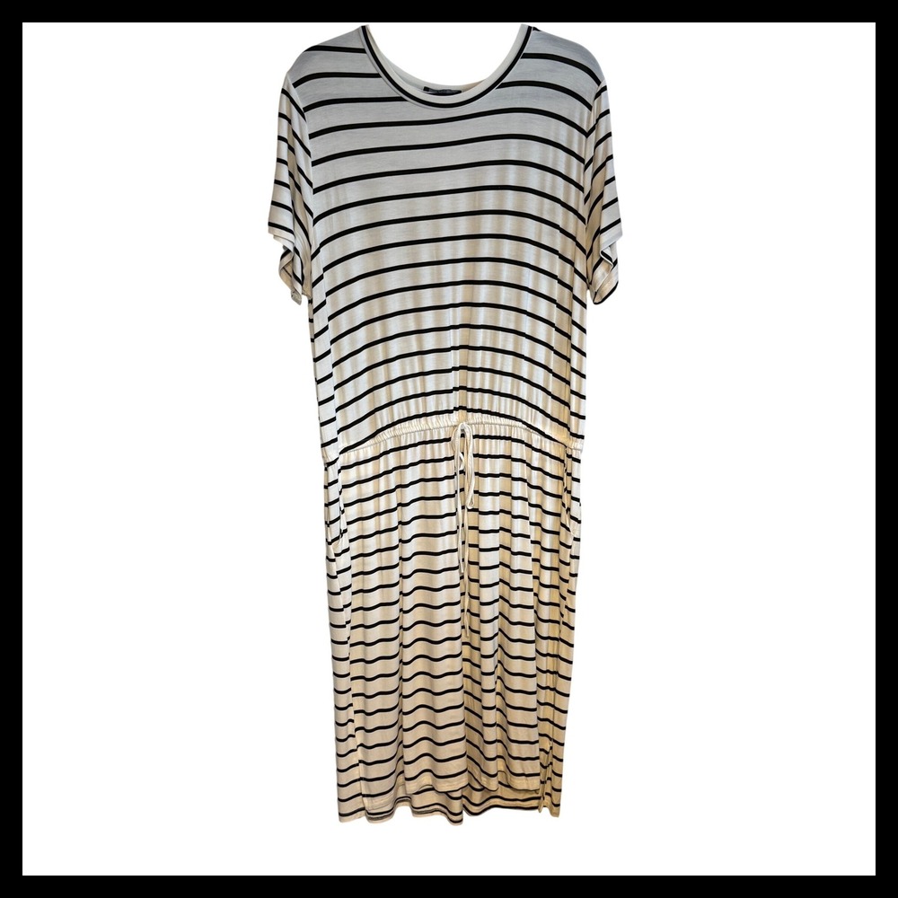 Simier Fariry Womens XXL Black White‎ Striped Knit Drawstring Waist Midi Dress